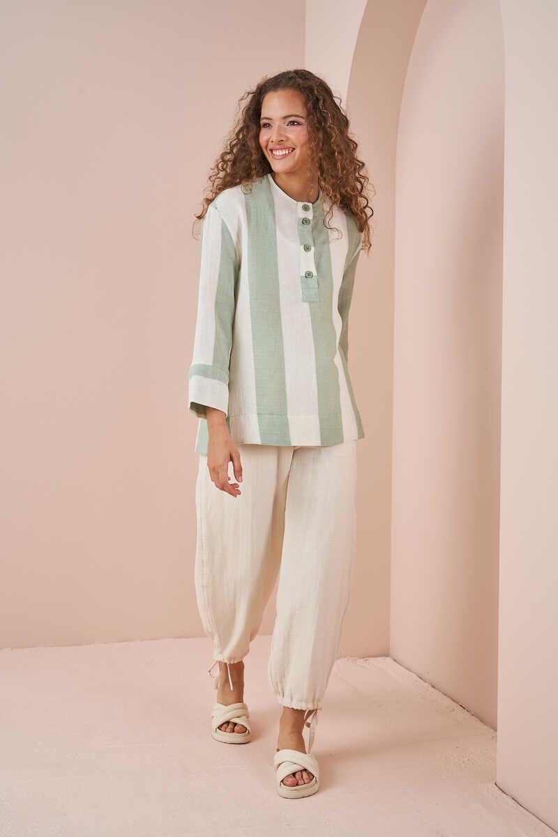 Side Slit Muslin Thick Striped Tunic Green