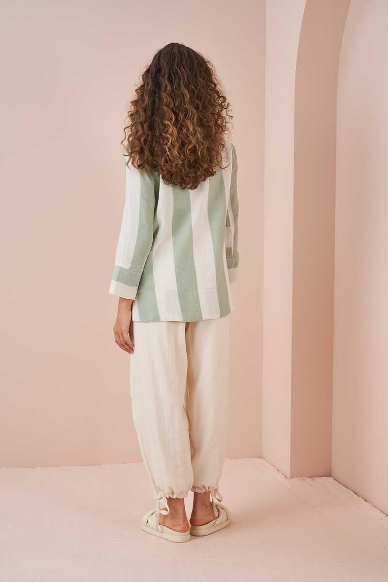 Side Slit Muslin Thick Striped Tunic Green