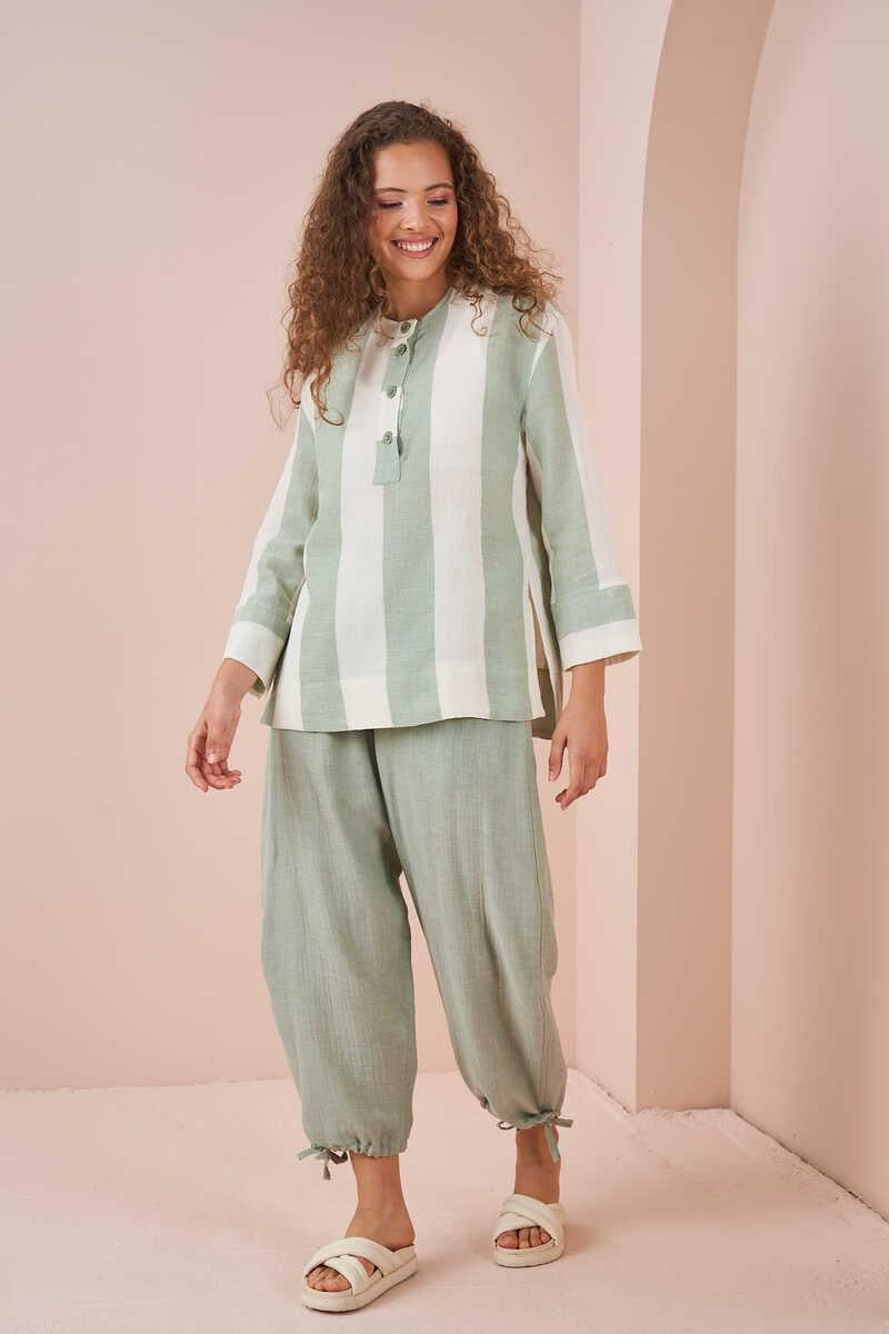 Side Slit Muslin Thick Striped Tunic Green
