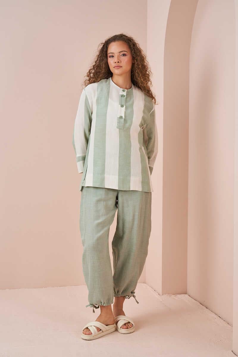 Side Slit Muslin Thick Striped Tunic Green