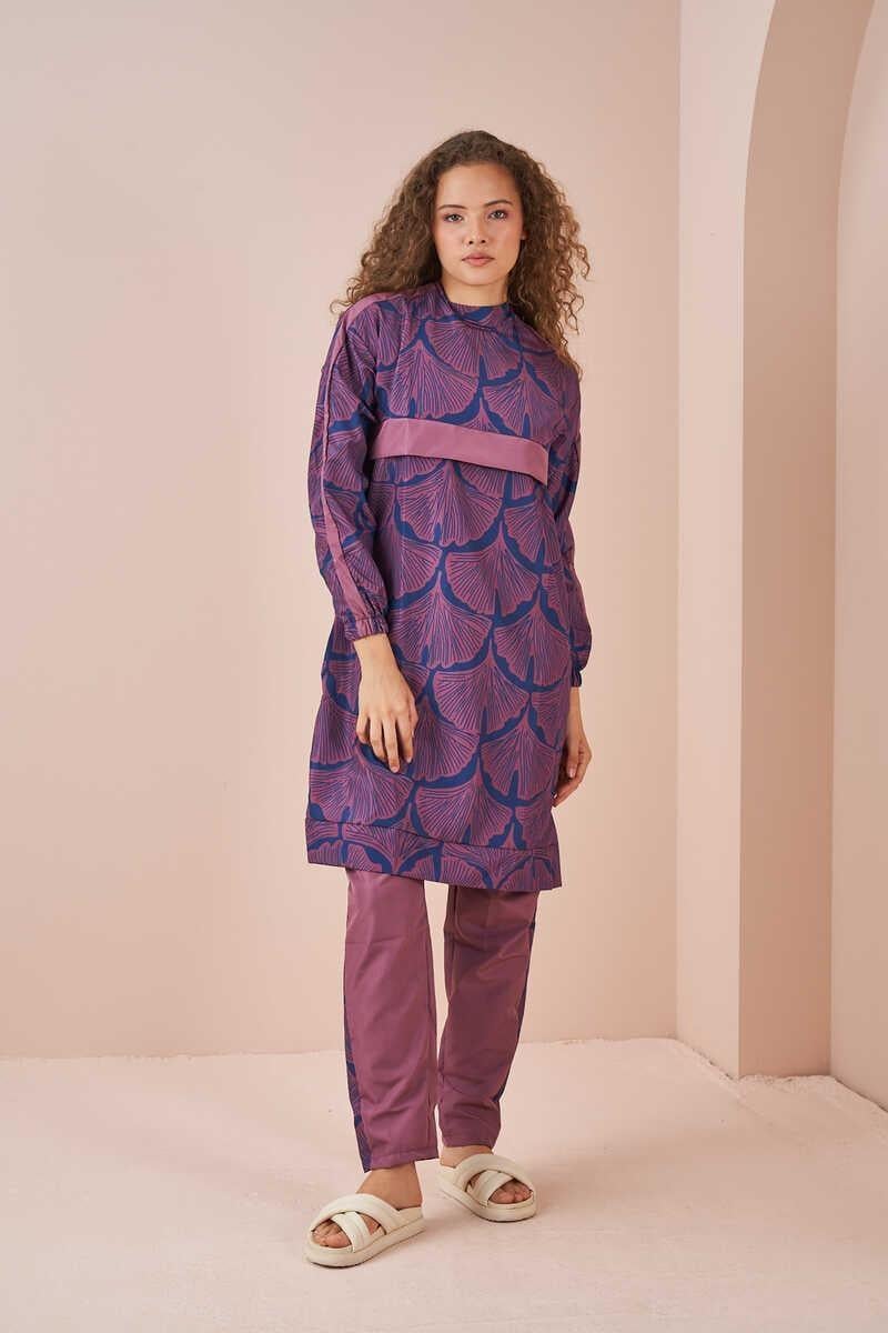 Leaf Pattern Covered Swimsuit Long Rose Color