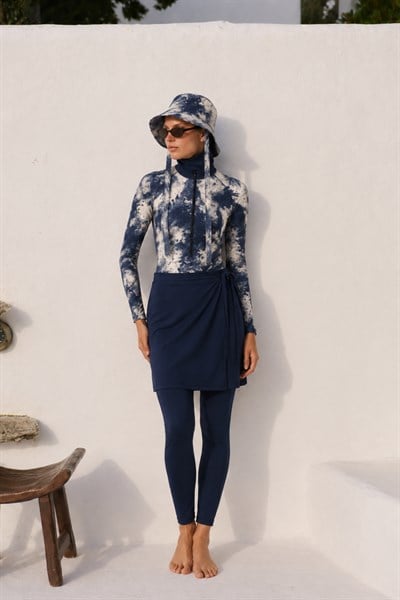 AURELİA TİDE | Batik Desen Lacivert Yüzücü Tesettür Mayo 5 li Set
