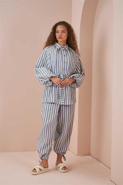 Laced Striped Muslin Shawlvar Trousers Blue