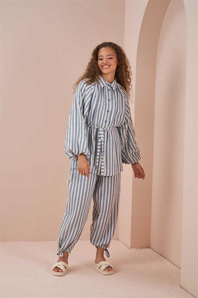 Laced Striped Muslin Shawlvar Trousers Blue