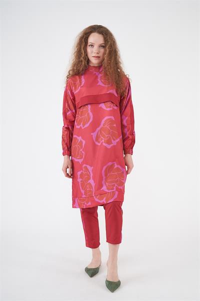Çiçek Desen Tesettür Mayo Kırmızı Uzun 