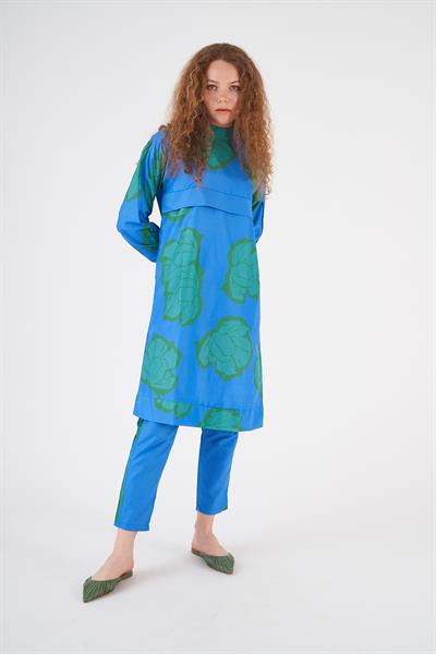 Çiçek Desenli Tesettür Mayo Mavi Yeşil Uzun 