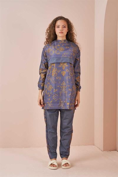 Çini Desen Tesettür Mayo Kısa Gri