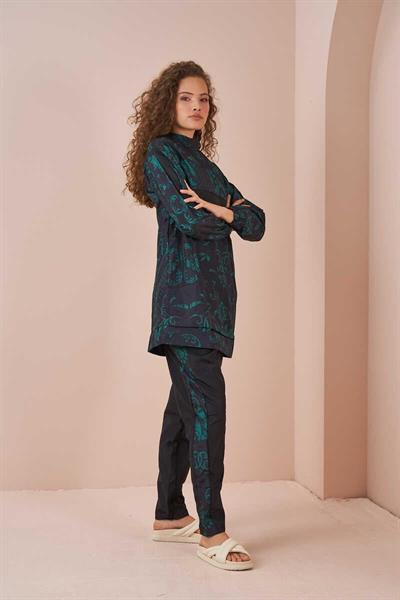 Çini Desen Tesettür Mayo Kısa Siyah