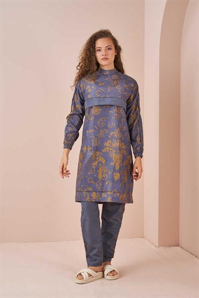 Tile Pattern Covered Swimsuit Long Grey