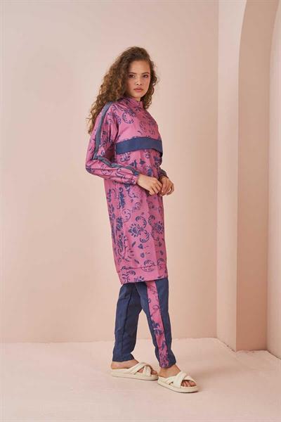 Tile Pattern Covered Swimsuit Long Rose Color