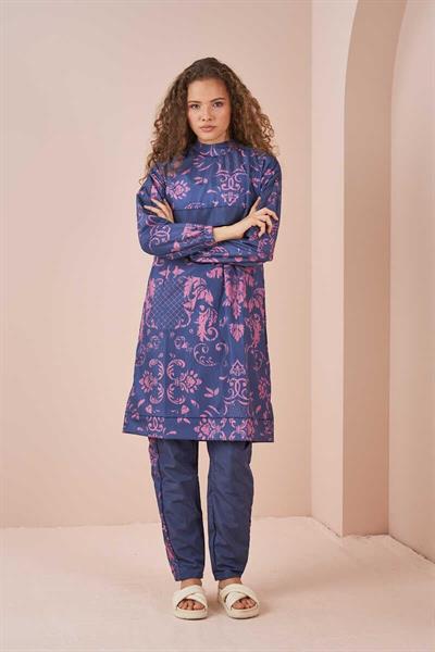 Tile Pattern Covered Swimsuit Long indigo