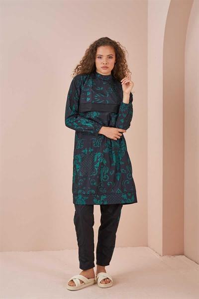 Tile Pattern Covered Swimsuit Long Black