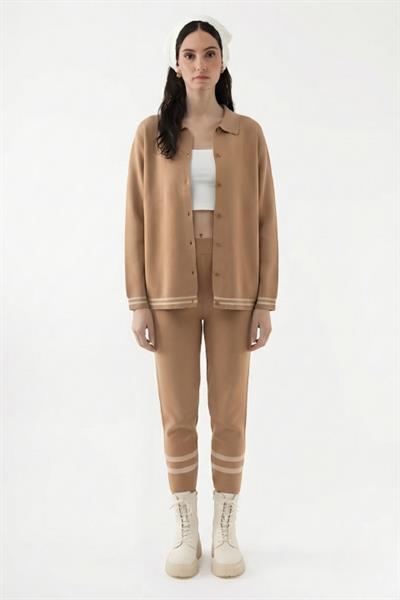 Çizgili Triko Pantolon Latte