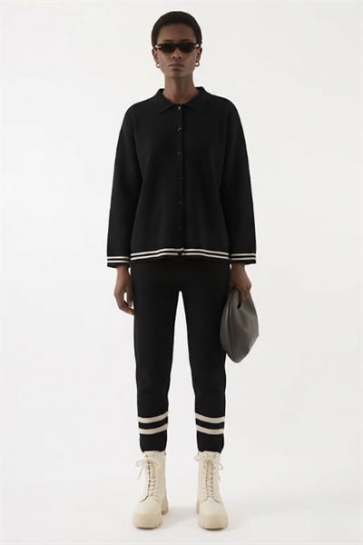 Çizgili Triko Pantolon Siyah