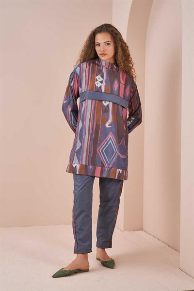 Etnik Desen Tesettür Mayo Kısa Gri