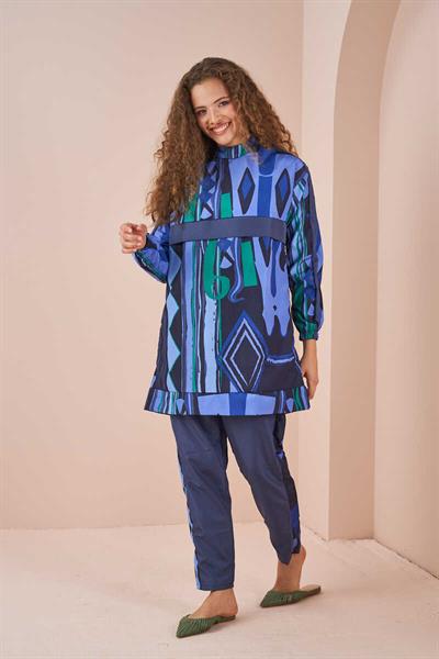 Etnik Desen Tesettür Mayo Kısa İndigo