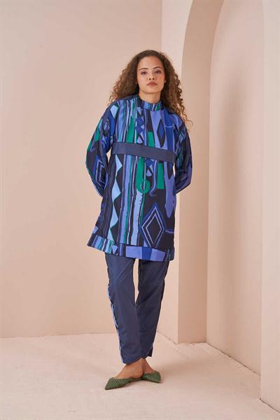 Etnik Desen Tesettür Mayo Kısa İndigo