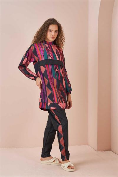 Etnik Desen Tesettür Mayo Kısa Siyah