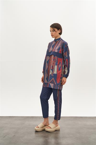 Etnik Desen Tesettür Mayo Mavi Kısa Y