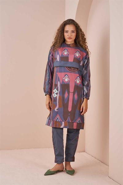 Ethnic Pattern Covered Swimsuit Long Grey