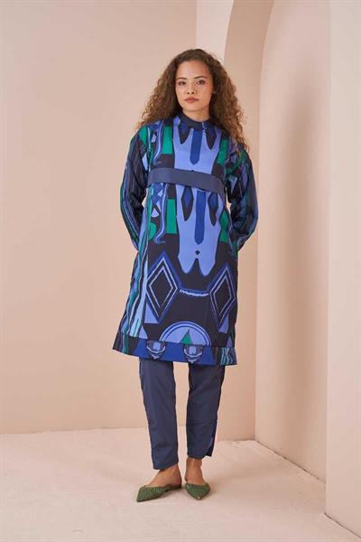 Ethnic Pattern Covered Swimsuit Long indigo