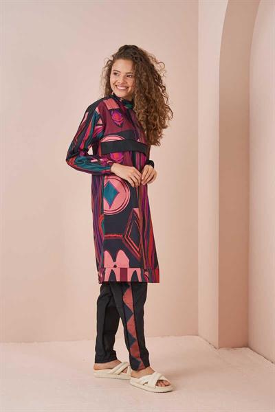 Ethnic Pattern Covered Swimsuit Long Black