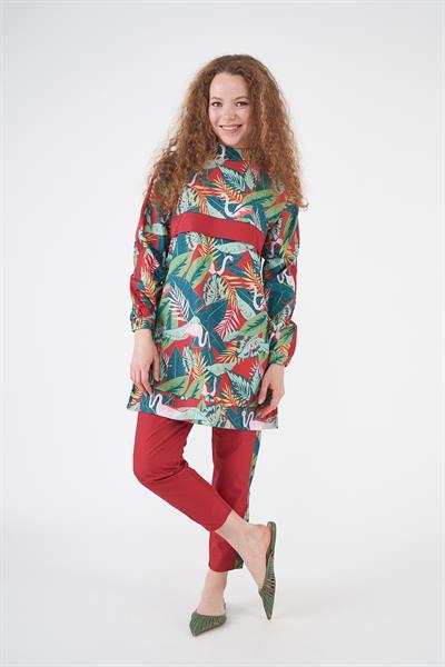 Flamingo Desen Tesettür Mayo Kırmızı Kısa