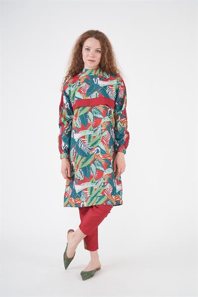 Flamingo Desen Tesettür Mayo Kırmızı Uzun