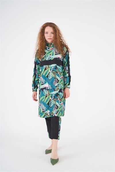 Flamingo Desen Tesettür Mayo Siyah Uzun