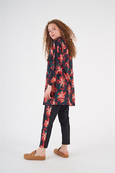 Floral Desen Tesettür Mayo Siyah Kısa