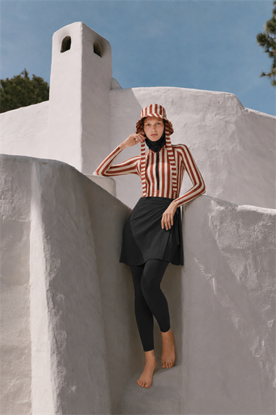 GILDED CABANA | Kırmızı Beyaz Çizgili Siyah Yüzücü Tesettür Mayo 5 li Set