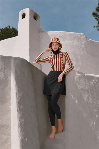 GILDED CABANA | Kırmızı Beyaz Çizgili Siyah Yüzücü Tesettür Mayo 5 li Set