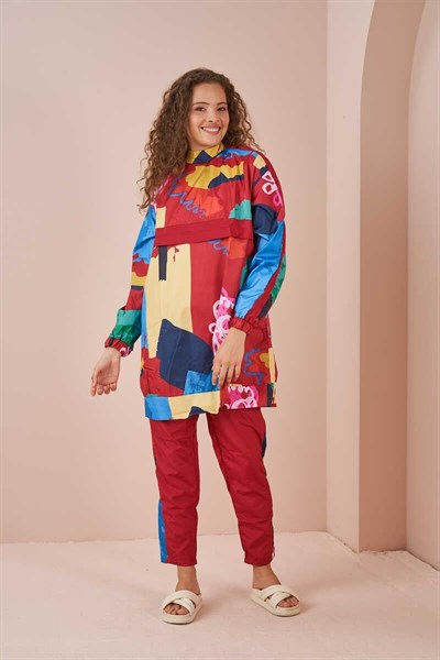 Karma Desen Tesettür Mayo Kırmızı Kısa