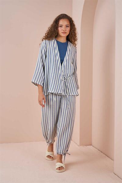Kruvaze Kimono Bluz Müslin İnce Çizgili Mavi