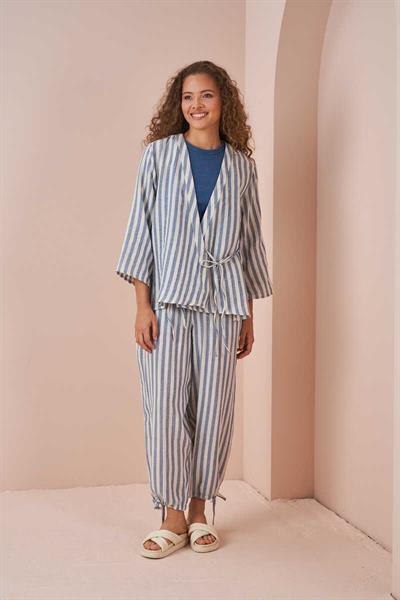 Kruvaze Kimono Bluz Müslin İnce Çizgili Mavi