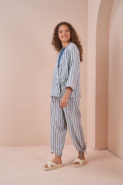 Kruvaze Kimono Bluz Müslin İnce Çizgili Mavi
