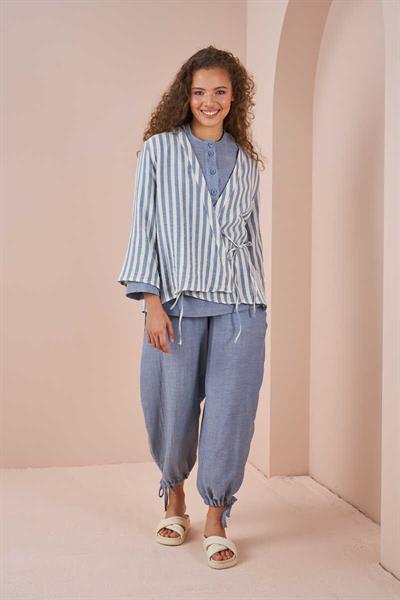 Kruvaze Kimono Bluz Müslin İnce Çizgili Mavi