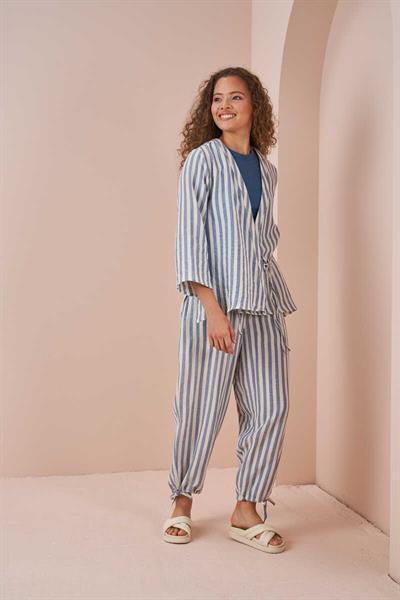 Kruvaze Kimono Bluz Müslin İnce Çizgili Mavi