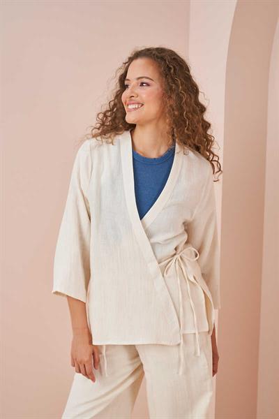 Kruvaze Kimono Müslin Bluz Ekru