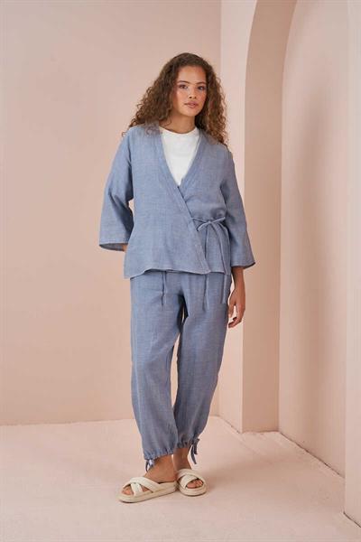 Kruvaze Kimono Müslin Bluz Mavi