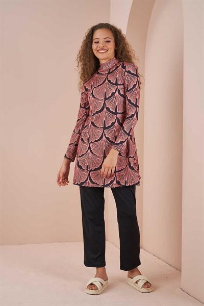 Maldiv Yaprak Desen Tesettür Mayo Takımı Siyah