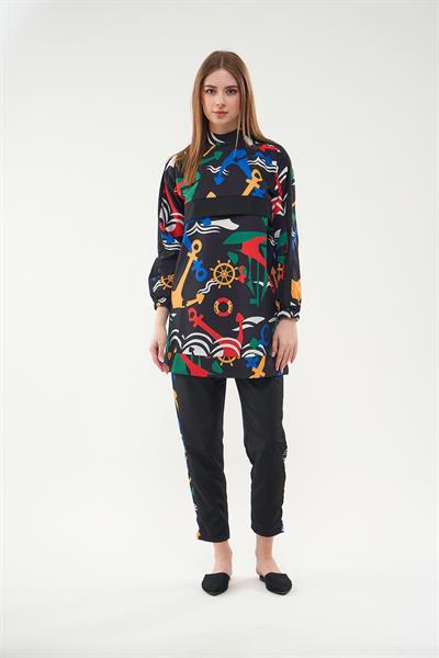 Marin Desenli Tesettür Mayo Siyah Kısa