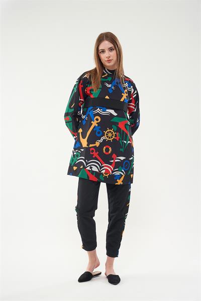 Marin Desenli Tesettür Mayo Siyah Kısa