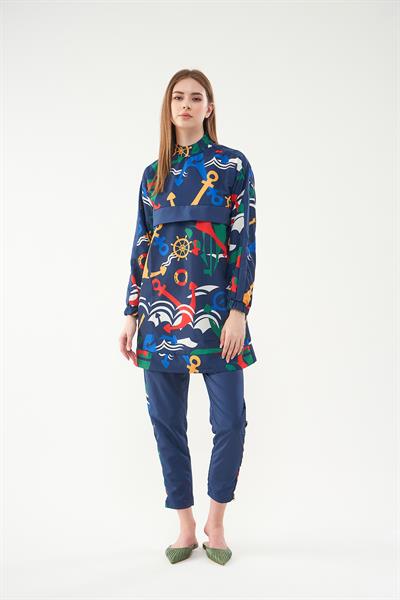 Marin Desenli Tesettür Mayoo Laci Kısaa