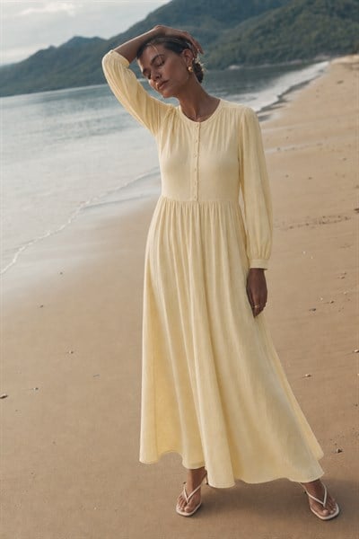 MİNA | Beli Büzgülü Müslin Elbise Butter Yellow