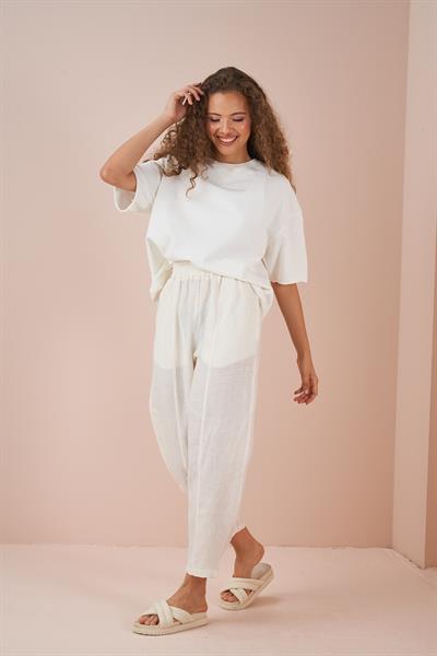 Stitched Front Linen Trousers Ecru