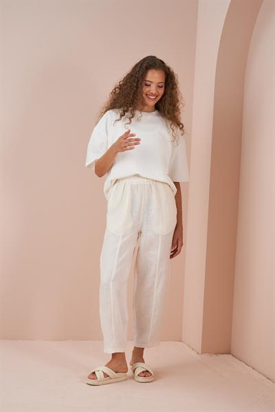 Stitched Front Linen Trousers Ecru