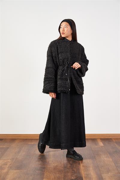 Oversize Kuşaklı Yaka Düğmeli Uzun Denim Tesettür Elbise Siyah