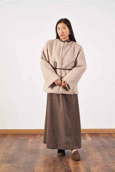 Oversize Kuşaklı Yaka Düğmeli Uzun Denim Tesettür Elbise Kahve