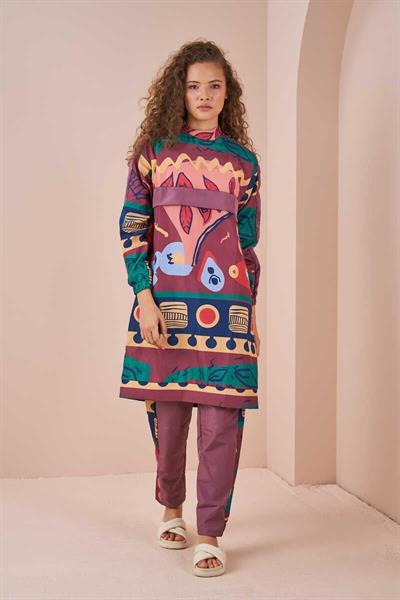 Game Pattern Covered Swimsuit Long Rose Color